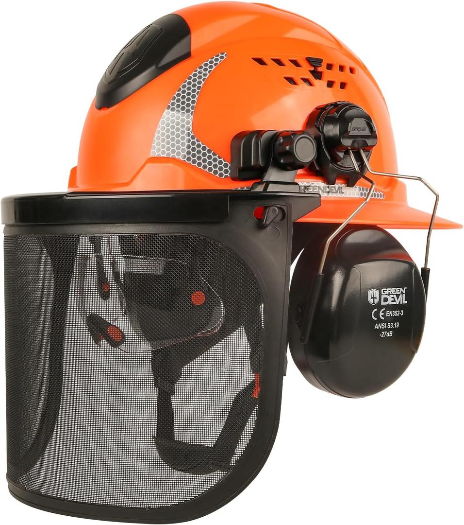 GREEN DEVIL Industrial Chainsaw Helmet with Face Shield Built in Visor and Ear Muffs 4 in 1 System ANSI Z89.1 Safety Hard Hat Adjustable Headgear Ideal for Forestry and Arborist Work Full Brim Style