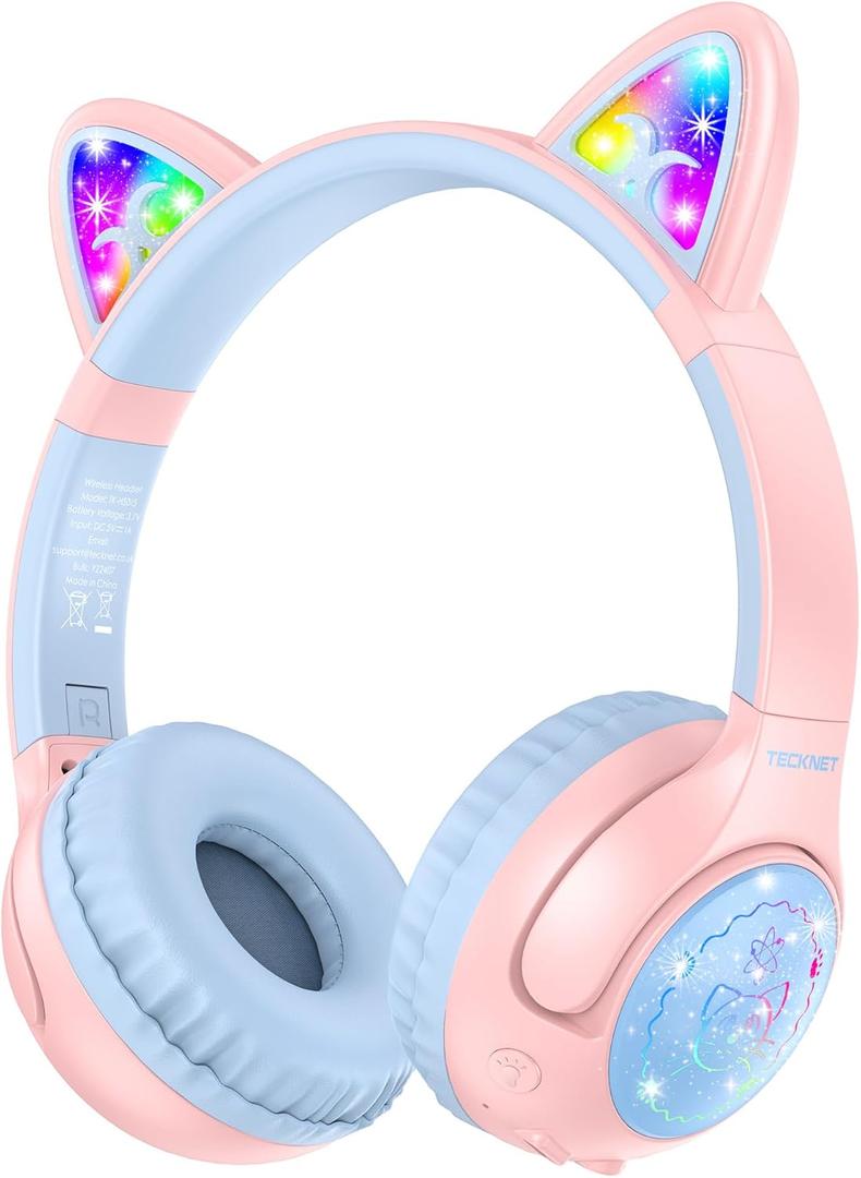 TECKNET Cat Ear Kids Bluetooth Headphones, Kids Headphones Wireless with Detachable Cable, 70H Playtime, 74/85/94dB Volume Limiting, Bluetooth 5.3, Built-in Mic, LED Light-Up, for iPad, PC, School