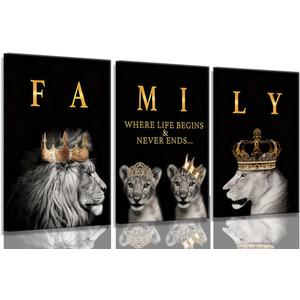 3Pcs Framed Lion Family Canvas Wall Art The Lion King and Queen with Gold Crown Poster Modern Motivational Black and White Animal Wall Decor Painting for Home Bedroom Living Room Office decoration