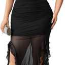 Women's Plus Size Sleeveless Ruffle Trim Ruched Dress Strapless Asymmetrical Hem Slim Fit Tube Bodycon Dresses (Black) L