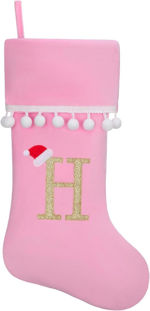 19 Inch Pink Velvet Stockings, Personalized Christmas Stocking, Embroidery Initial with White Pom Pom Trim, Holiday Fireplace Mantel & Xmas Party Decor, Letter H