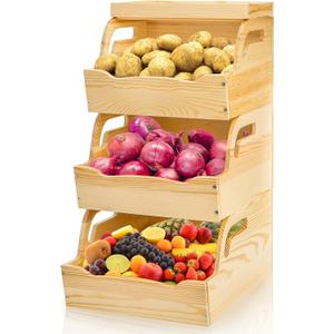 Wood Potato Onion Storage Bin, Stackable Pantry Organizer, Open Front Kitchen Produce Storage with Anti-slip Mat, 3 Tier Countertop Snack Food Container for Fruit Vegetable Bread, Set of 3