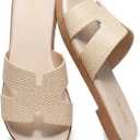 Yozuru Womens Flat Sandals Open Toe Dressy Summer Sandals Comfortable Casual Slip on Leather Slides Sandals for women (9.5, Raffia)