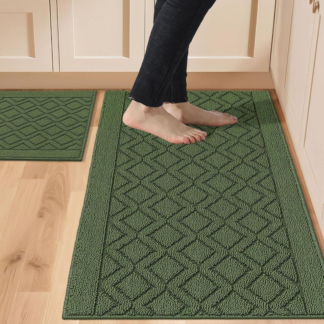 COSY HOMEER 48x20 Inch/30X20 Inch Kitchen Rug Mats Made of 100% Polypropylene 2 Pieces Soft Kitchen Mat Specialized in Anti Slippery and Machine Washable for Home Kitchen,Green