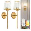 Gold Battery Operated Wall Sconces Set of 2 with Remote, Crystal Wireless Sconce with Rechargeable LED Magnetic Bulb, Dimmable 3CCT & 12 RGB Wall Lights for Bedroom, Living Room, Hallway, Staircase