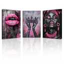 PBXBJY African American Wall Art African Girl Canvas Prints 3 PCS Black Queen with Pink Crown Lips Painting Black Woman Picture Framed Home Office Decor (16.00" x 24.00" x 3PCS)
