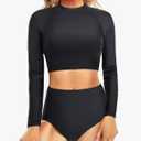 Pinup Fashion Long Sleeve Rash Guard - 2 Piece Swimsuit Bathing Suits with Bottom Swim Top UV UPF 50+ S