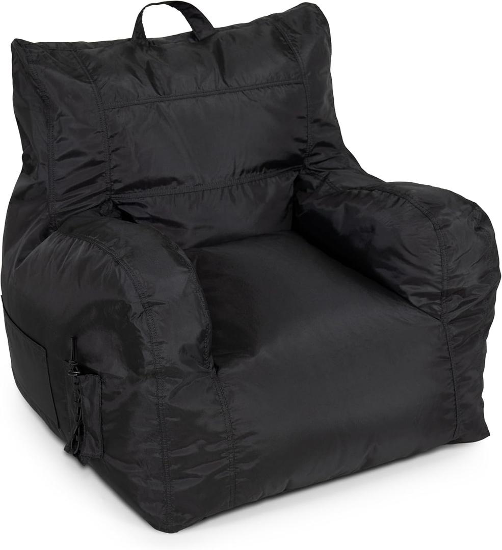 Big Joe Dorm Bean Bag Chair with Drink Holder and Pocket, Black Smartmax, Durable Polyester Nylon Blend, 3 feet, Large