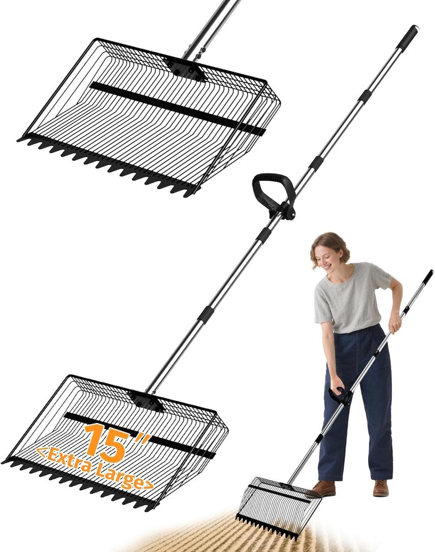 2-in-1 Chicken Poop Scooper & Rake, 15" Heavy-Duty Litter Sifter with 3675" Stainless Steel Handle, Sand Sifting Shovel & Cleaning Tool for Chicken Coops and Runs, U.S. Patented