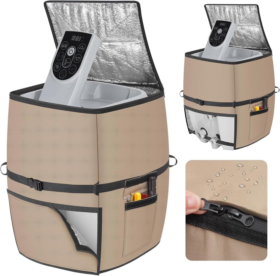 Hot Tub Spa Heater Pump Cover,16.9" D x 14.96" W x 21.2" H Waterproof 600D Oxford Fabric Aluminum Film Insulated Cover,Inflatable Hot Tub Spa Heater Pump with Zipper and Adhesive Straps,Brown,Square