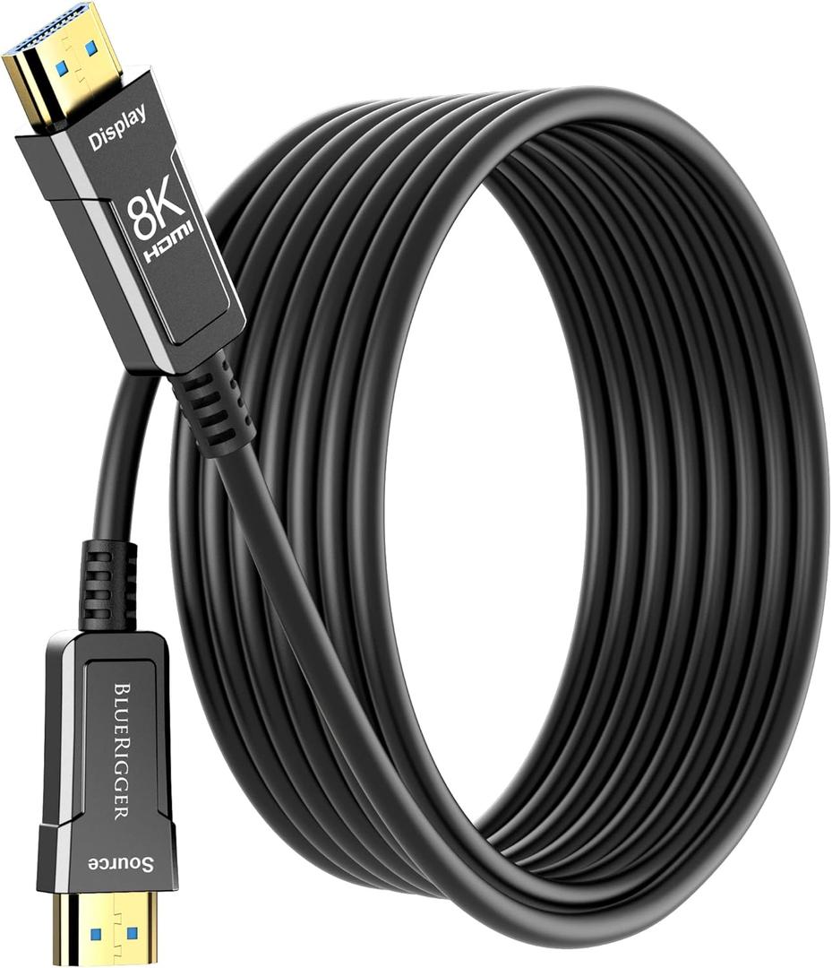 BlueRigger 8K Fiber Optic HDMI Cable 50FT (48Gbps, in-Wall CL3 Rated, 8K 60Hz, 4K 144Hz, HDCP 2.3, HDR10+) Ultra High Speed Long HDMI AOC 2.1 Cable - for Gaming, VR, HDTV, Monitor, PC