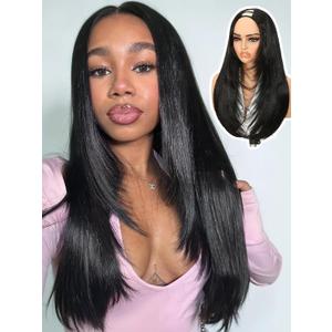 Quantum Love Yaki Straight Layered U Part Wigs V Part Glueless Clip in Half Wigs for Women Realistic Natural Looking Heat Resistant Synthetic Hair(24inch,Natural Black)