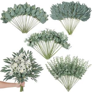 120 Pcs 4 Kinds Mixed Artificial Eucalyptus Leaves Stems Bulk Fake Silver Dollar Eucalyptus Bundle Faux Plants Greenery for DIY Bouquets Floral Arrangement Wedding Engagement Party Decor (Green)