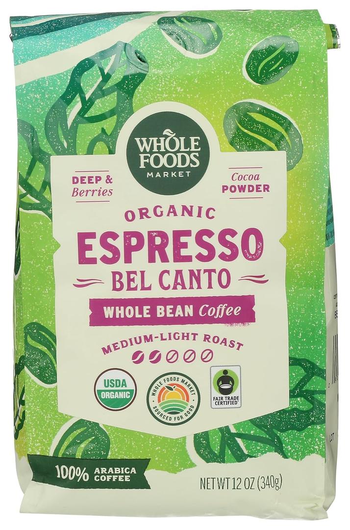 Whole Foods Market, Organic Espresso Bel Canto Whole Bean Coffee, Medium-Light Roast, Berries & Cocoa Powder, 12 Ounce (BB: 04/26/2025)