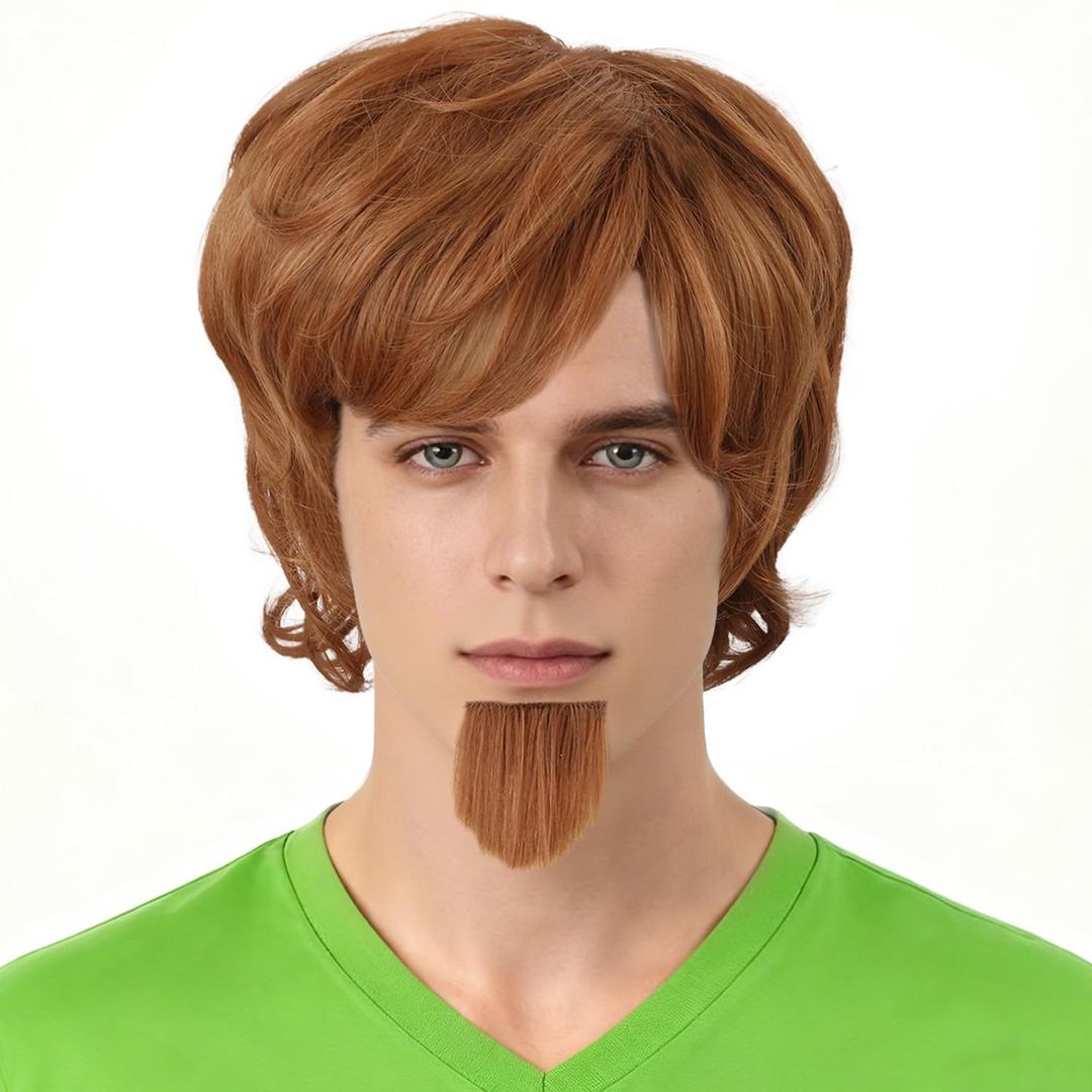 QACCF Men's Short Brown Layered Wavy Style Synthetic Shaggy Costume Men Wig with Goatee