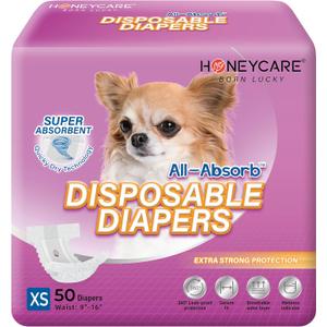 HONEY CARE All-Absorb Disposable Female Dog Diapers Extra Small Size, Improved, 50 Count, Super Absorbent, Breathable, Wetness Indicator (Pack of 1, 50 Count Total)