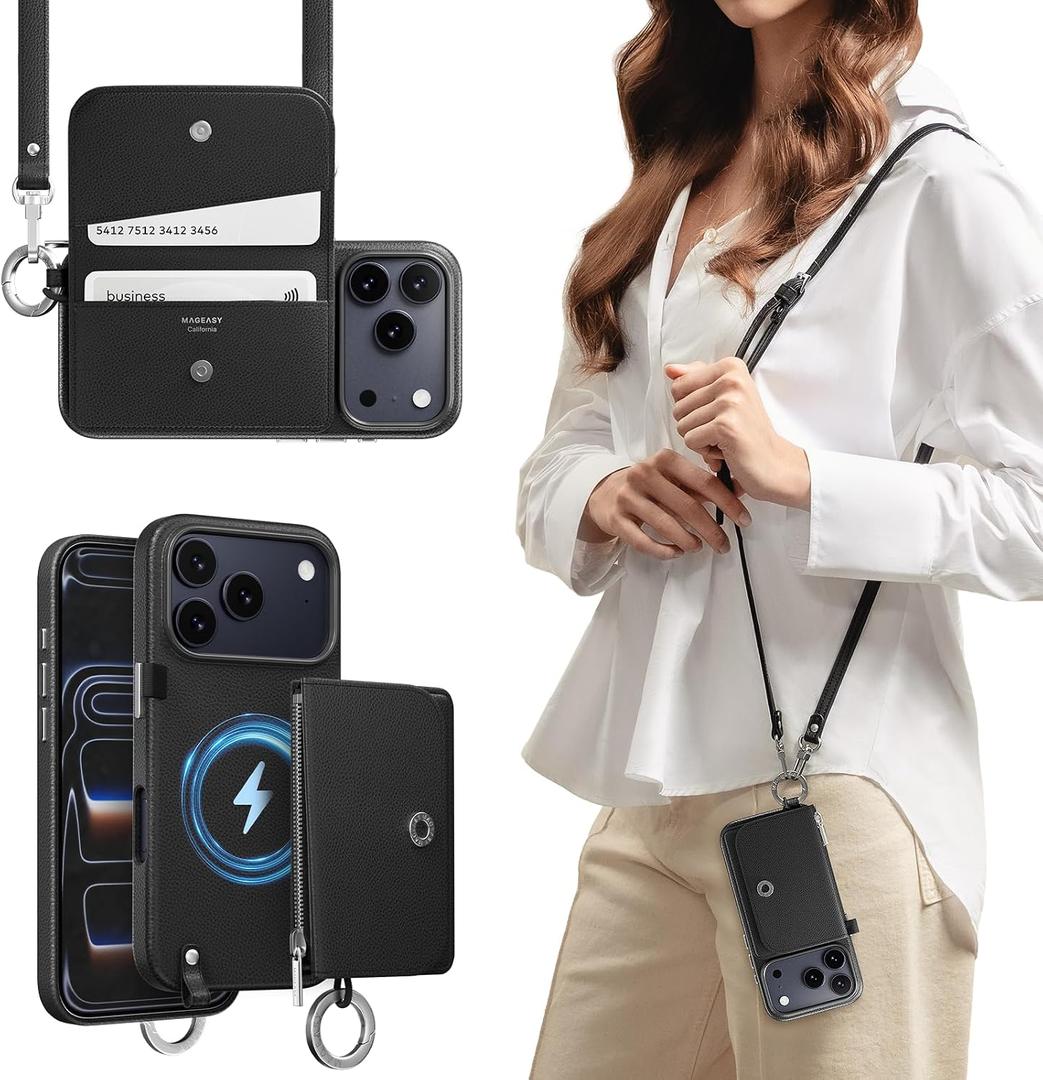 MAGEASY Pouch MagSafe Crossbody Wallet Phone Case for iPhone 17 Pro, Removable Magnetic Wallet with Strap Adjustable, Shockproof Protection Purse Case, RFID Blocking Coin & Card Holder (Black)