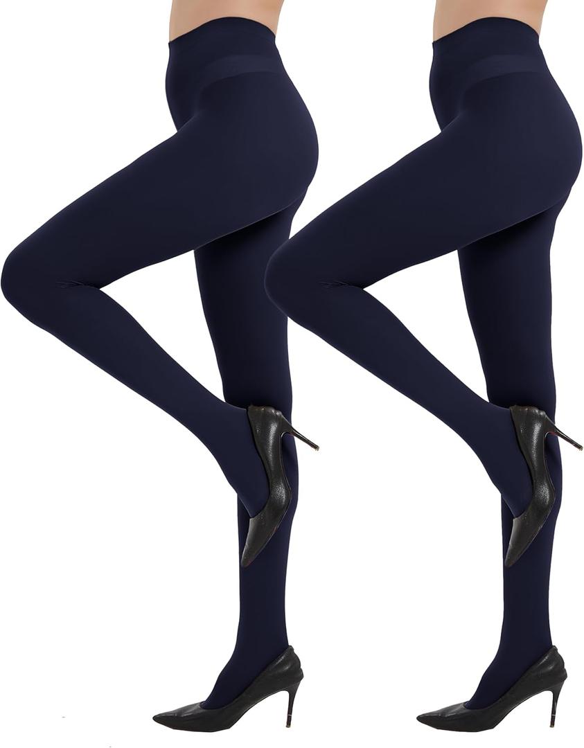 Citystl 2 Pairs Plus Size Black Tights for Women, 40D Solid Color Soft Tights, Control Top Microfiber Pantyhose for women (Small, Navy)