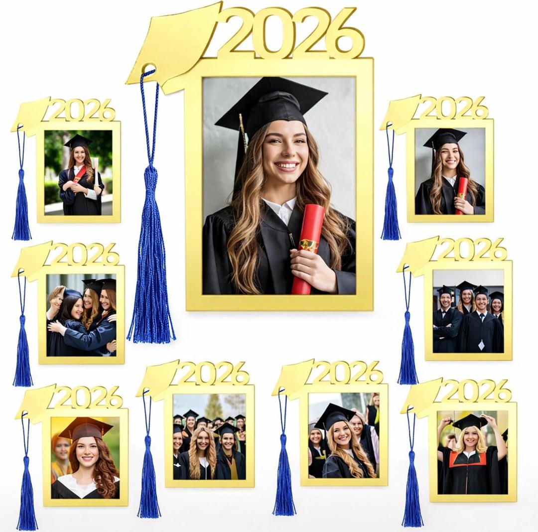 Novabright 8 Set Mini Graduation Picture Frame Acrylic Class of 2026 Wallet Size Gold Photo Frame Ornament with Blue Tassel Grad Cap 4 x 3 for DIY Graduation Keepsake Display Congrats Gift Party Decor