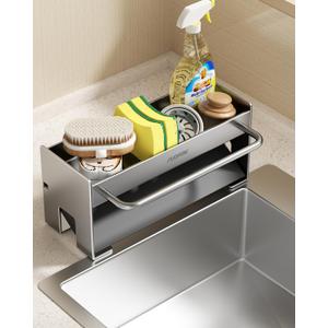 Kitchen Sink Organizer Sponge Holder:Sink Caddy with Dishrag Holder,Rustproof Carbon Steel with Auto-Drain,Dish Sponge & Soap Dispenser Towel Rack for Kitchen Countertop Storage, Grey