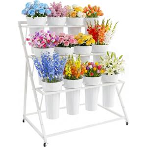 Putros Flower Bar Stand with 12 Buckets, Flower Cart with Wheels, White | Metal 3 Layers Flower Display Stand, Moving Florist Bouquet Shelf for Indoor Outdoor Patio Garden Party Decor