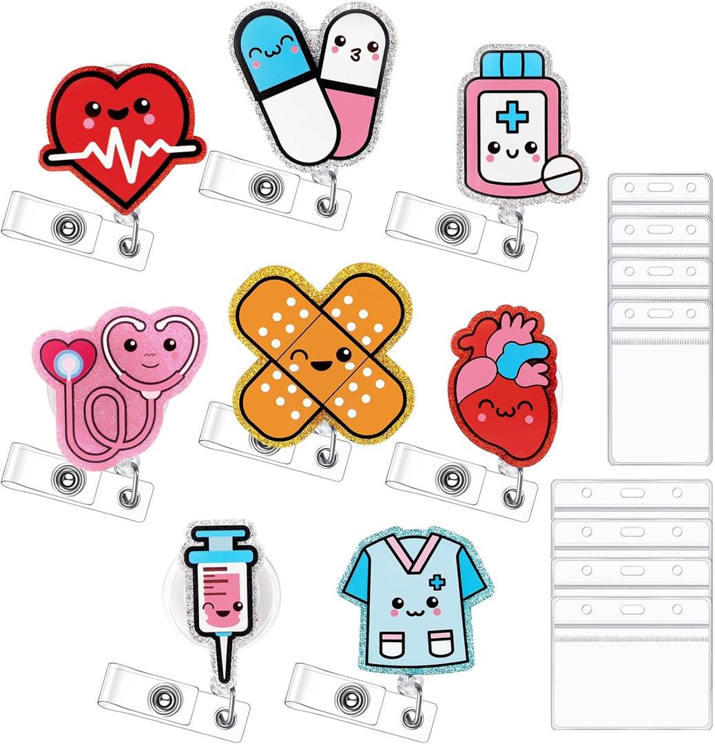 8 PCS Nurse Badge Reel Retractable Clip Cute Funny Badge Reels with Clear ID Card Badge Holder Medical Pharmacy CNA RN LPN MA Badge Reel Nurse Accessories Gifts