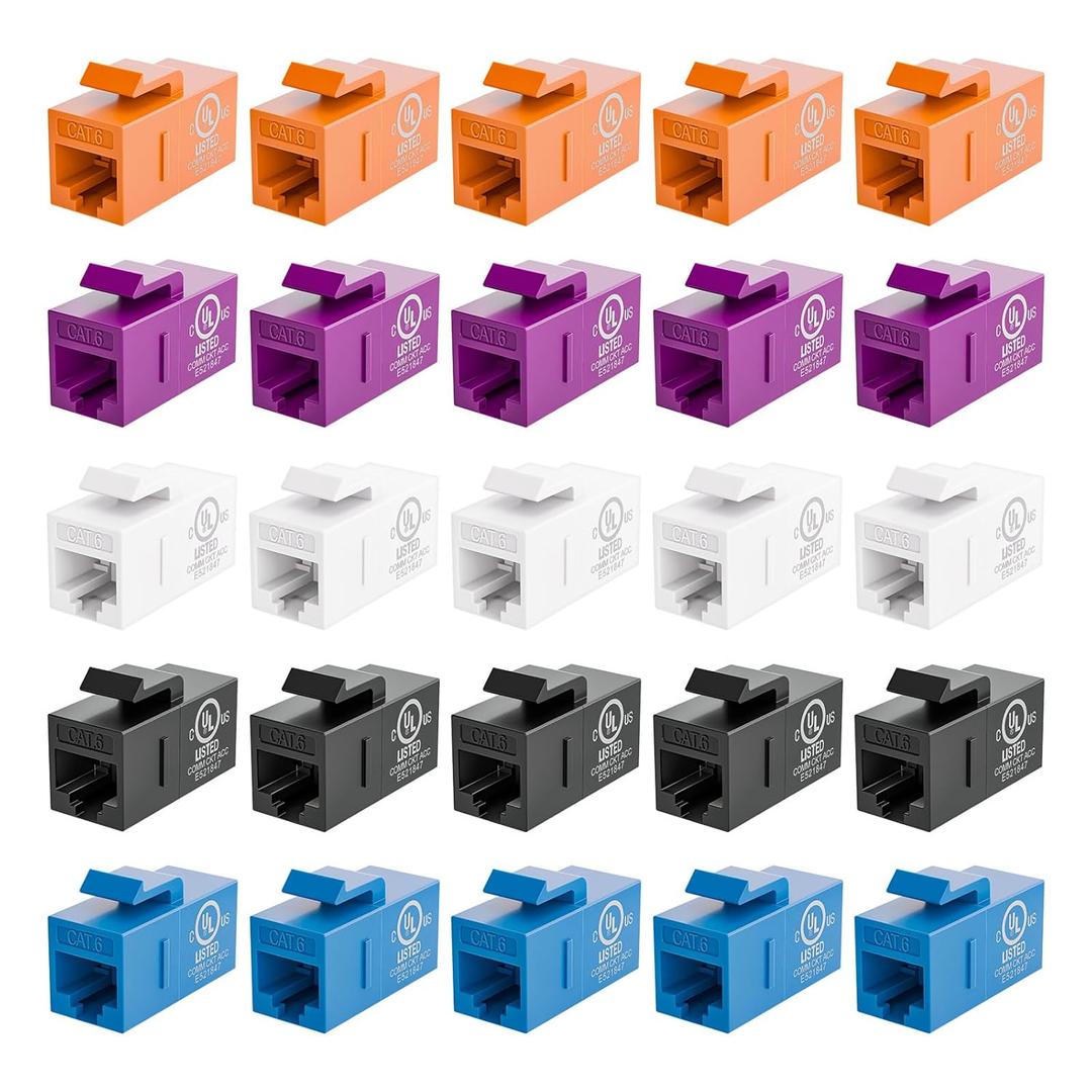 VCE UL-Listed CAT6 Keystone Coupler 25-Pack, Ethernet Coupler Female to Female, RJ45 Coupler for CAT6/CAT5e/CAT5, Keystone Jack, Multicolored