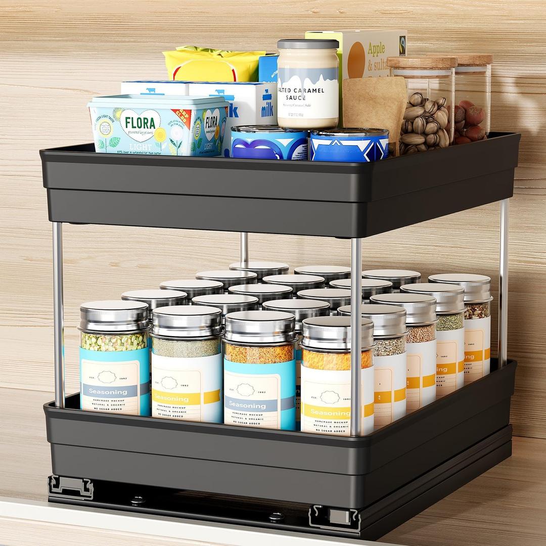 Nieifi Spice Organization for Cabinet-Vertical Spice Rack Pull Out-Spice Rack Organizer for Cabinet-8-1/4 inch Wide-Seasoning Kitchen Organizer-8.26" W x 10.6" D x 8.7" H-1 Pack-2 Tier (Black)