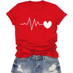 Valentines Shirts for Women Valentines Day T-Shirt Heartbeat Pattern Tee Tops (Red, XL)