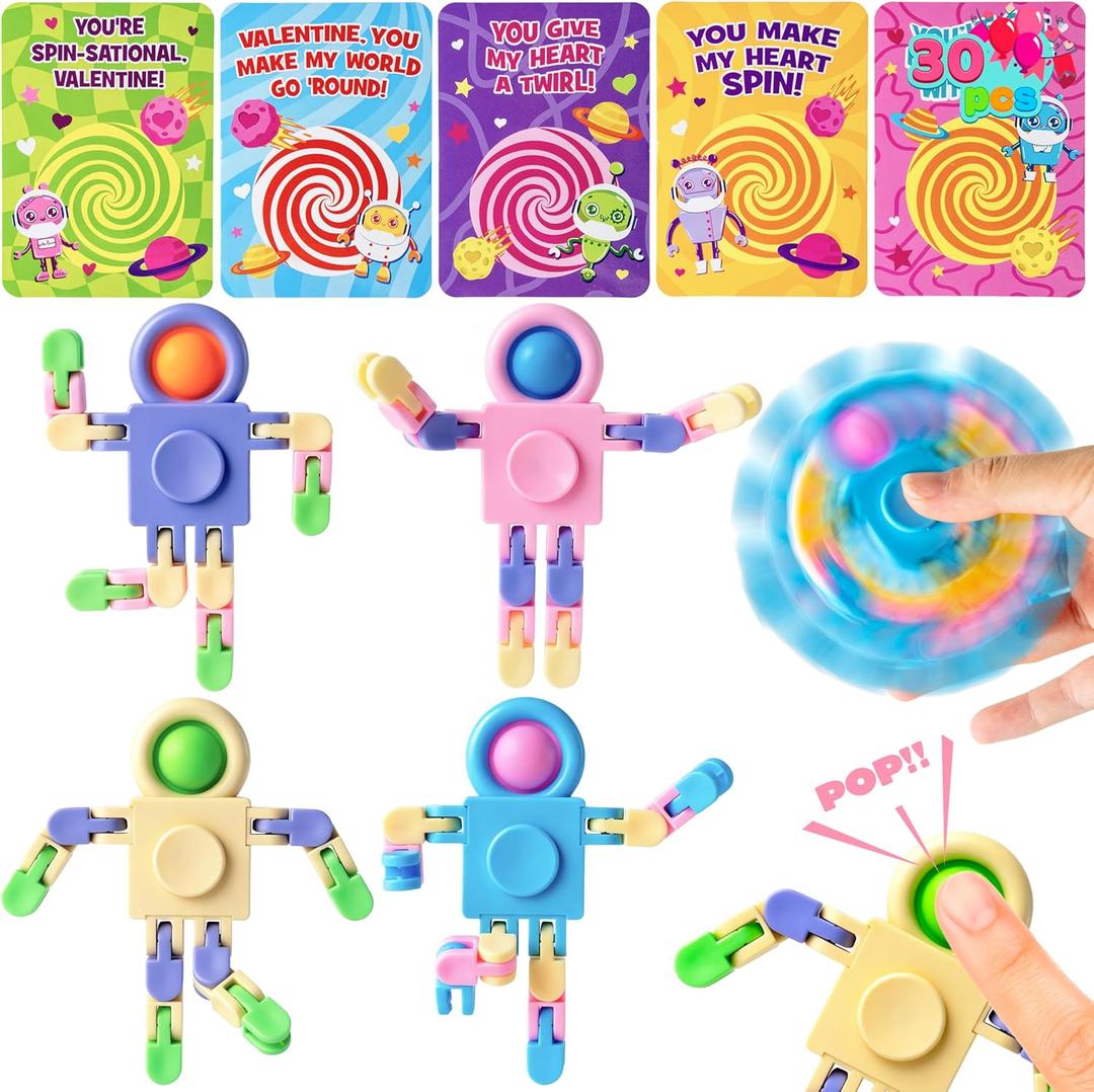 JOYIN 30 Packs Valentine's Day Pastel Robot Fidget Spinners with Cards, Wacky Track Stress Relief Fidget Spinners, Valentines Day Gifts for Kids Classroom Prize Treats Goodie Bag Stuffers Party Favor