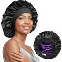 22 Momme 100% Real Mulberry Silk Bonnet for Sleeping Women, Large Hair Care Bonnet for Long Curly Hair, Double Layer Silk Wrap with Soft Elastic Band, Non-Slip Sleep Cap, Black+Purple