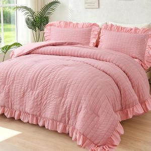 Pink Ruffle Bedding Set 5 Pieces Full Size Seersucker Comforter Set Ruffled Bed in A Bag Vintage Shabby Chic Bedding Comforter Sets for Women Girls(Pink, Full)