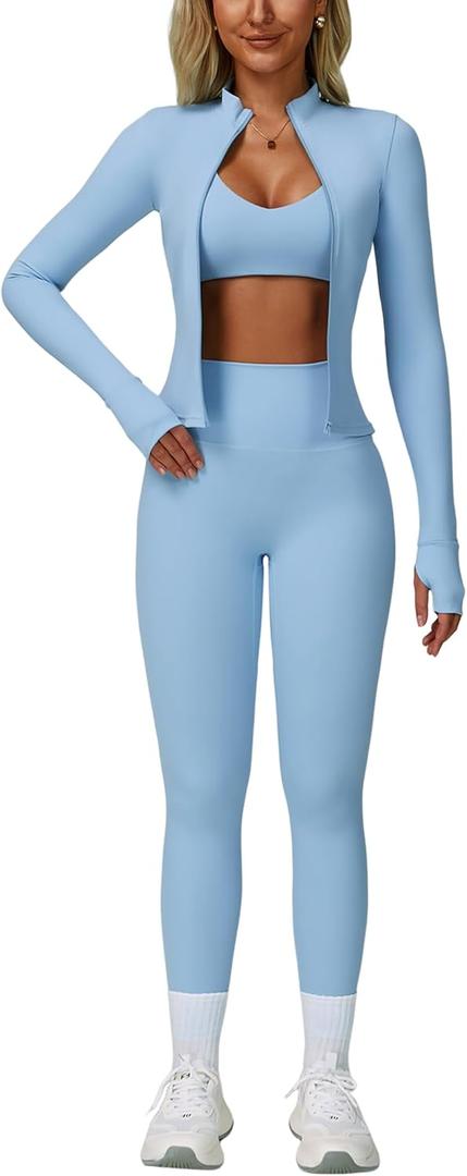 ABOCIW 3 Piece Workout Sets for Women Zipper Long Sleeve Jacket Racerback Sports Bra High Waist Leggings Yoga Gym Sets (0-2, Light Bule)