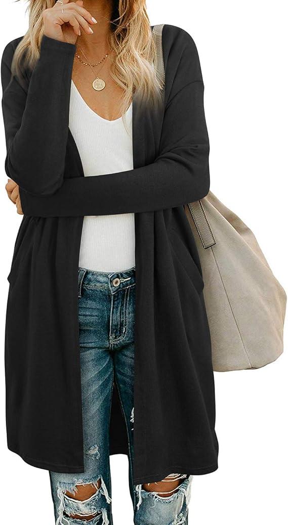 OUGES Women's Open Front Cardigan Shirt with Pockets Long Sleeve Lightweight Coat L