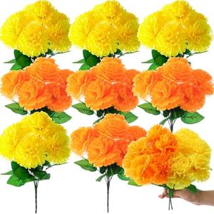 Tigeen 8 Bundles Marigold Flowers Bulk Day of The Dead Artificial Faux Flower with Stem Dia De Los Muertos Decorations for Halloween Diwali Garland Wreath Wedding Party Home(Orange and Yellow)