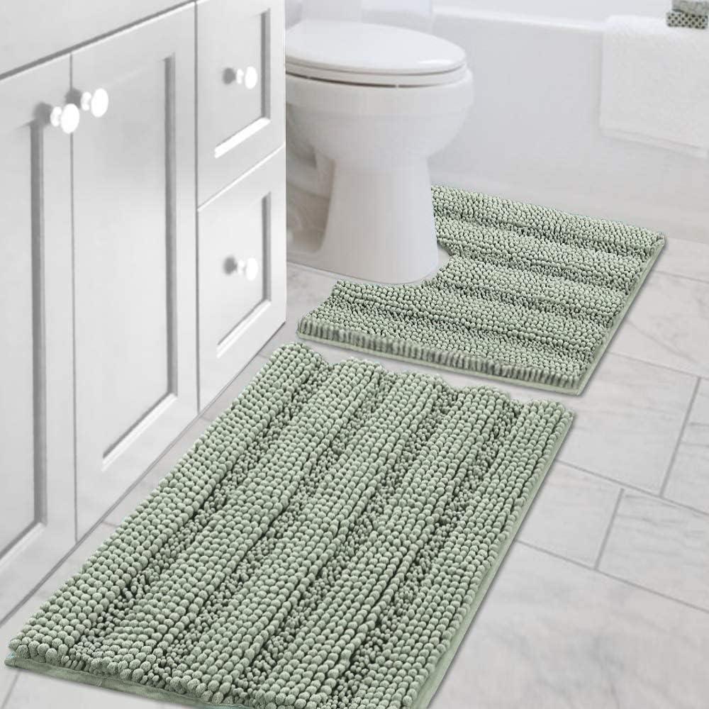 H.VERSAILTEX Bathroom Rugs Bath Rug Set 2 Piece Bathroom Contour Rug Toilet Mat Sets Non Slip Contour Bath Rug Ultra Thick Water Absorbent Striped Bath Mats Washable(20" x 32" Plus 20" x 20" U, Sage)