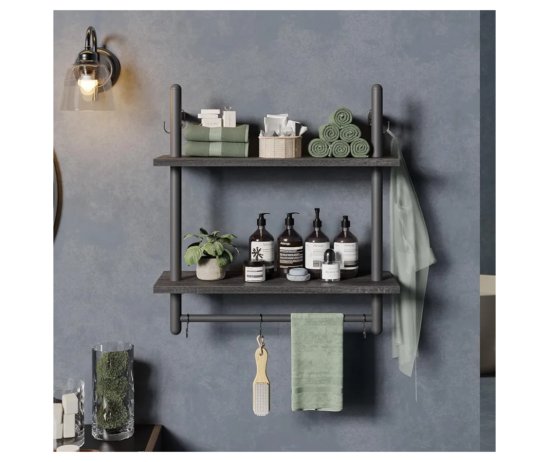 Bestier Floating Shelves Kitchen Shelves Wall Mounted 24" 2 Tier Ladder Shelves with Tower Bar, Wall Decor for Bathroom, Bedroom, Living Room, Coffee bar & Balcony - Charcoal Black