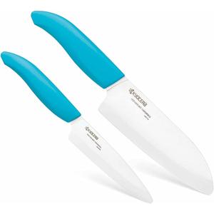 Kyocera Revolution 2-Piece Ceramic Knife Set: Chef Knife For Your Cooking Needs, 5.5" Santoku and 4.5" Utility Knife, White Blades with Blue Handles, White/Blue
