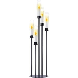 Black Candelabra with Glass Cylinders for Real Candles 5 Head Metal Candle Holder Wedding Centerpiece Ceremony Reception Event Party Home Decoration (1, L)
