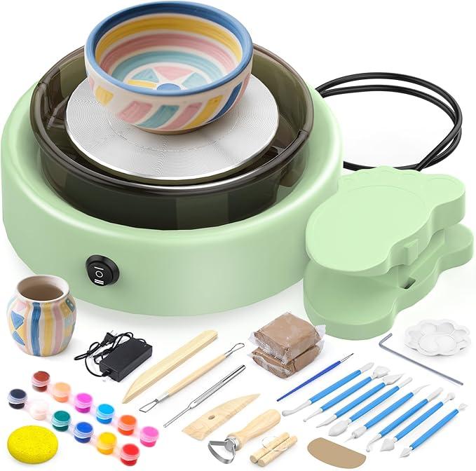 Skirfy Mini Pottery Wheel for Beginners Adults with Foot Pedal9.5"Ceramic Machine for Kids Art Craft Glow in Dark Kits 2.2LB AirDry Clay,Carving Tools Adjustable Speed,DIY Projects Birthday Gift
