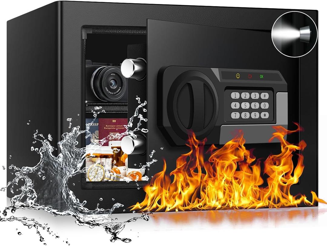 1.2 Cubic Feet Small Fire Safe Box for Home, Fireproof Lock Box, Security Money Safe with Digital Keypad, Spare Keys and Removable Shelf, Personal Home Safes for Money, Jewelry, ID Documents
