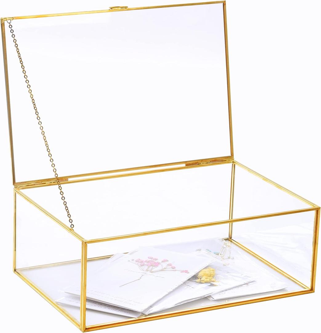 Large Golden Vintage Lidded Glass Box, Edge Bracelet Decorative Jewelry Display Box, Rings Bracelet Organizer Home Decor(10.8x7x3.9 inch)