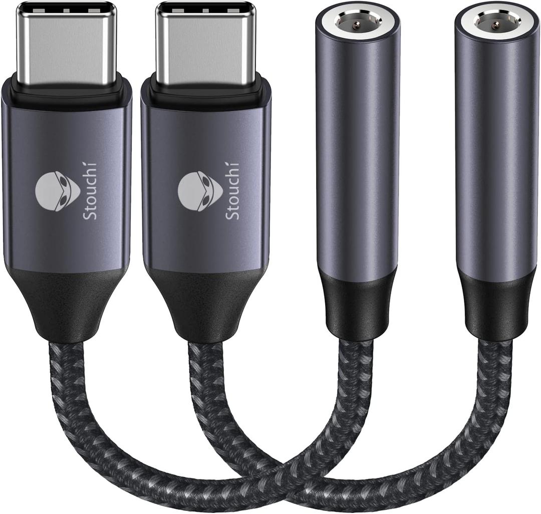 Stouchi USB C to 3.5mm Audio Adapter (2 Packs) Type C Headphone Dongle Jack Cable Cord Hi-Fi DAC Chip for iPhone 17/16 /15, Pixel 9/8 /7/6, iPad, Samsung Galaxy S25 S24 S23 Ultra - Grey