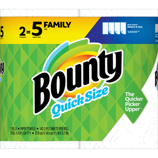 Bounty Paper Towels Quick Size, White, 5 Family Rolls = 2 Regular Rolls 