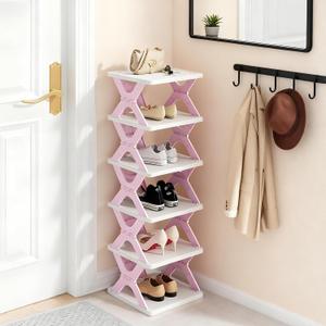 Shoe Rack, Collapsible Kids Shoe Rack, 6-Tier Small Foldable Shoe Organizer for Entryway, Dorm, Bedroom (Pink-x)(11"D x 11"W x 4"H)