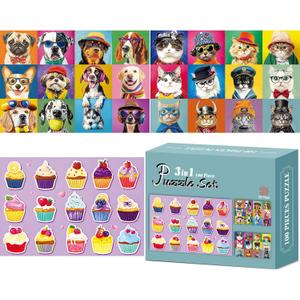 3-Pack 100 Piece Puzzles for Kids,Dogs Cats Cupcakes Puzzle for Kids Age 4-6 6-8 8-10,Unique Large Piece Animals Jigsaw Puzzle,Recycled Paper,Bright & Colorful Educational Puzzle Game,Boys Girls Gift