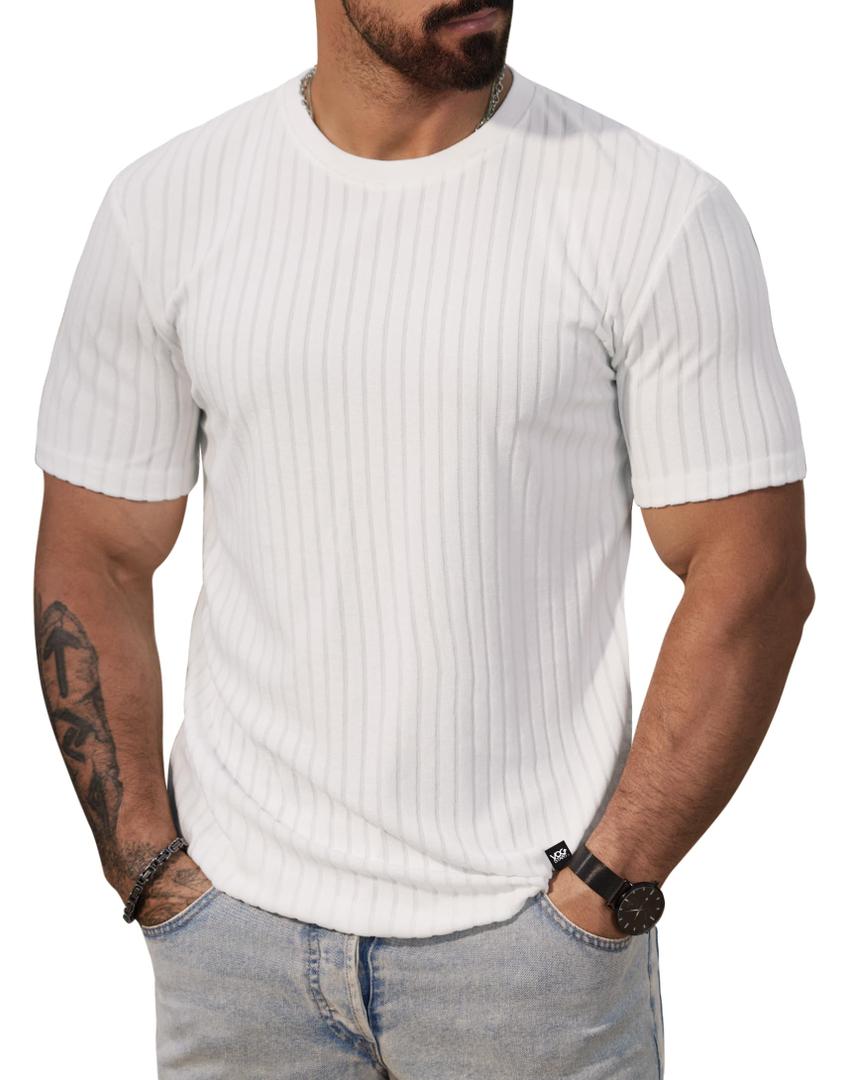 Men's Summer Short Sleeve Crew Neck Clothing Solid Comfortable Fashion Top Textured Muscle Tshirt White M (M)