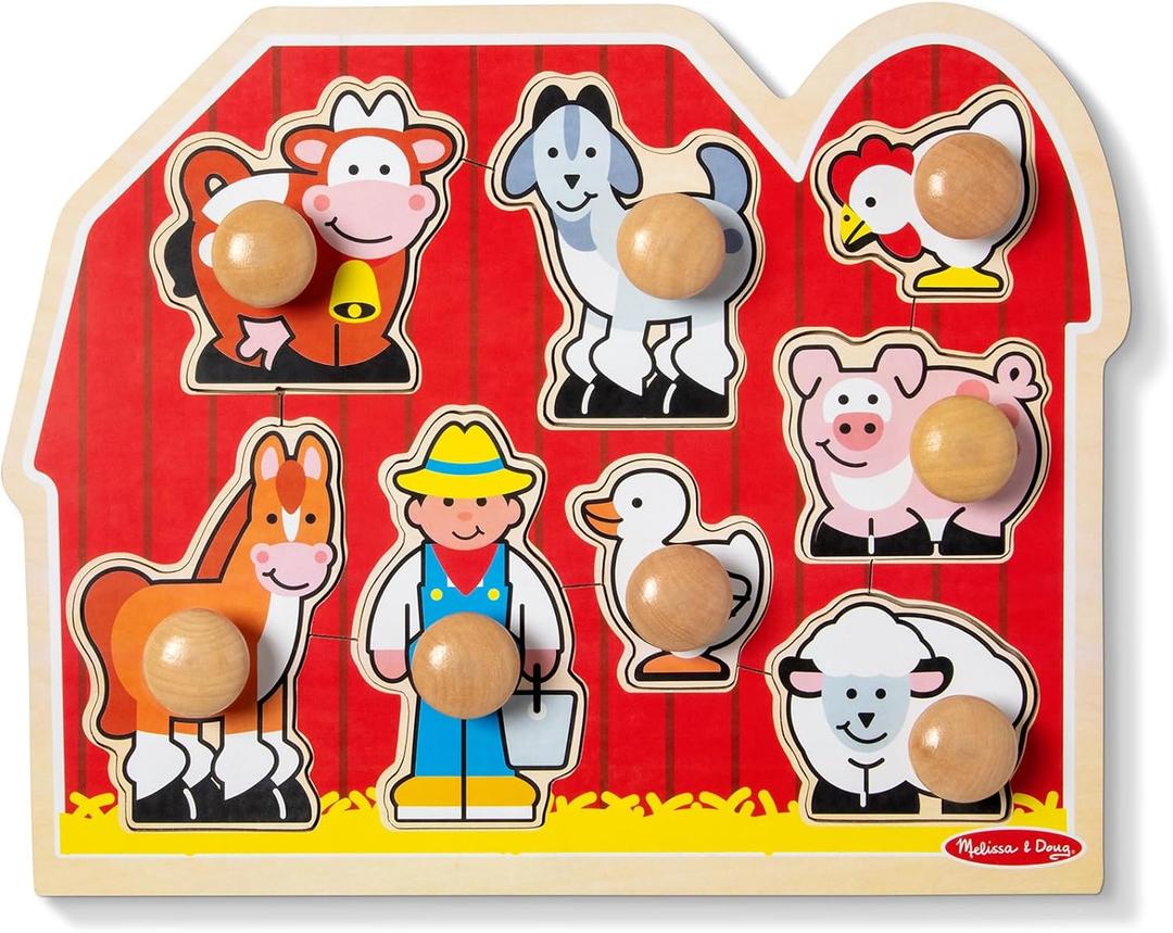 Melissa & Doug Farm Animals Jumbo Knob Puzzle, Wooden Peg Puzzle for Toddlers, Educational Toy for Shape Recognition and Fine Motor Skills, Ages 1+, Bent/Ripped Corner