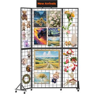 Foldable Grid Wall Panel, 6' x 4.25' Ft Grid wall Display Stand with Notice board, Heavy Duty Sturdy Floor standing Wire Grid Display Rack, Movable Silent Wheel, Ideal for Retail & Art Craft Fairs (Black)