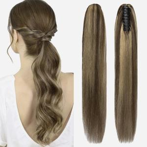Claw Clip Ponytail Extension 100% Real Remy Human Hairpiece Pony Tails Hair Extensions Long Straight Ponytail for Women (20 inch, Balayage Dark Brown to Chestnut Brown)